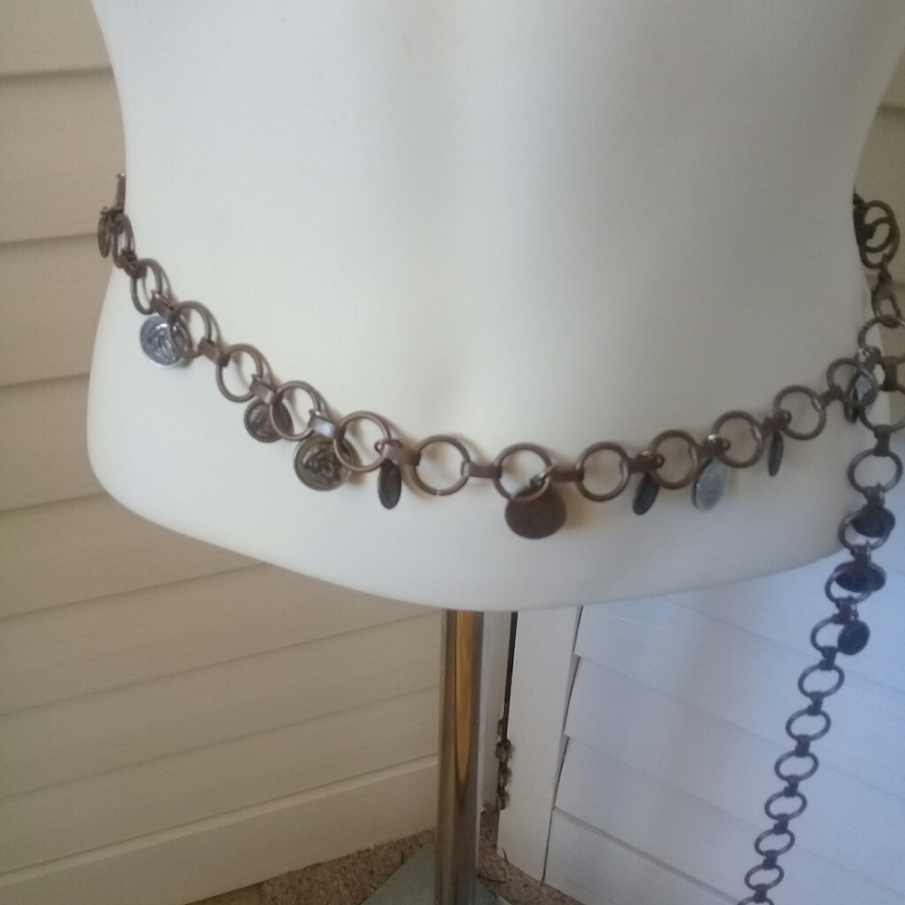 Bronze Boho Hippie Adjustable Chain Link Belt Coin Accents Charms
